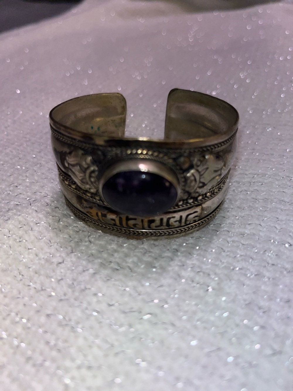 Silver Tone Cuff Bracelet with Dark Purple Stone